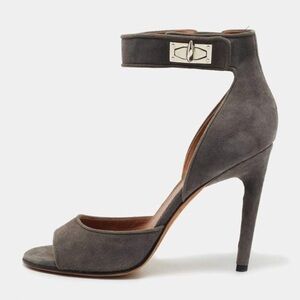 Givenchy Shark Lock Ankle Strap Stiletto Heels Sandals Gray Suede Sz 40